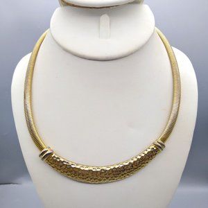 Vintage Bib Collar Necklace with Hammered Bar, Gold Tone Radiator Hose Chain